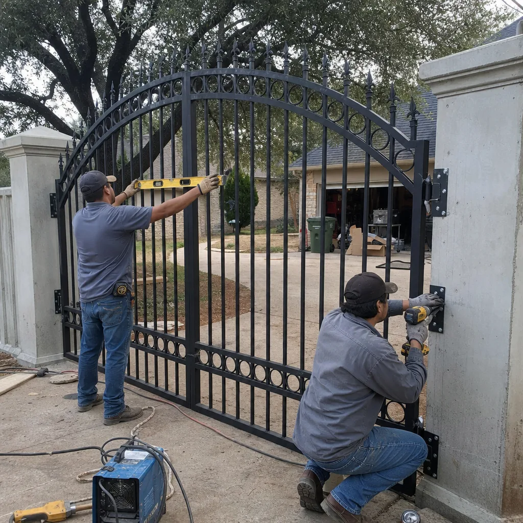 Two professional technicians installing a black iron security gate