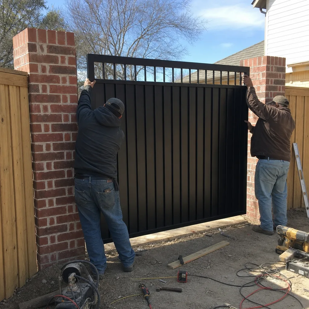 Two professional contractors installing a new black metal driveway gate