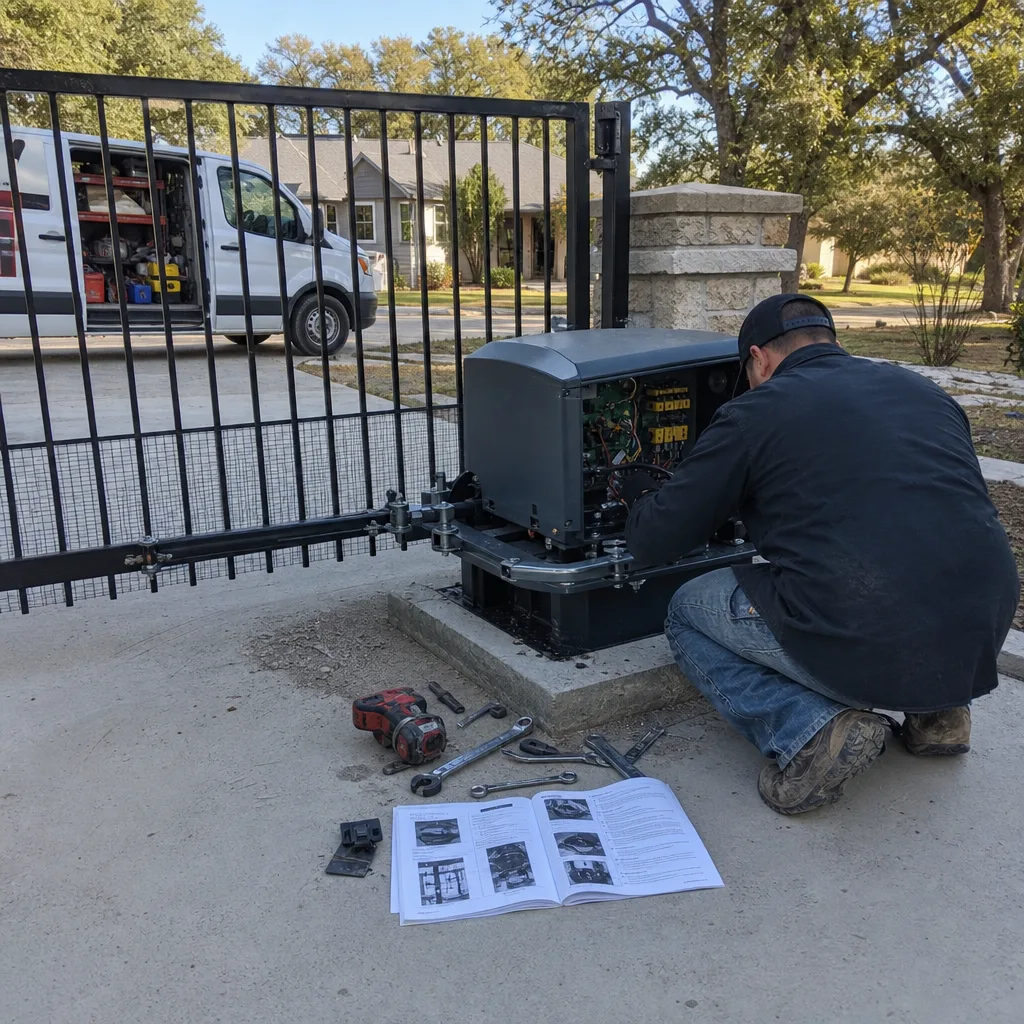 Technician performing automatic gate motor and opener repair service