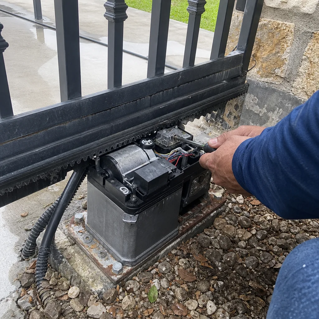 Technician performing repairs on an automatic sliding gate motor mechanism