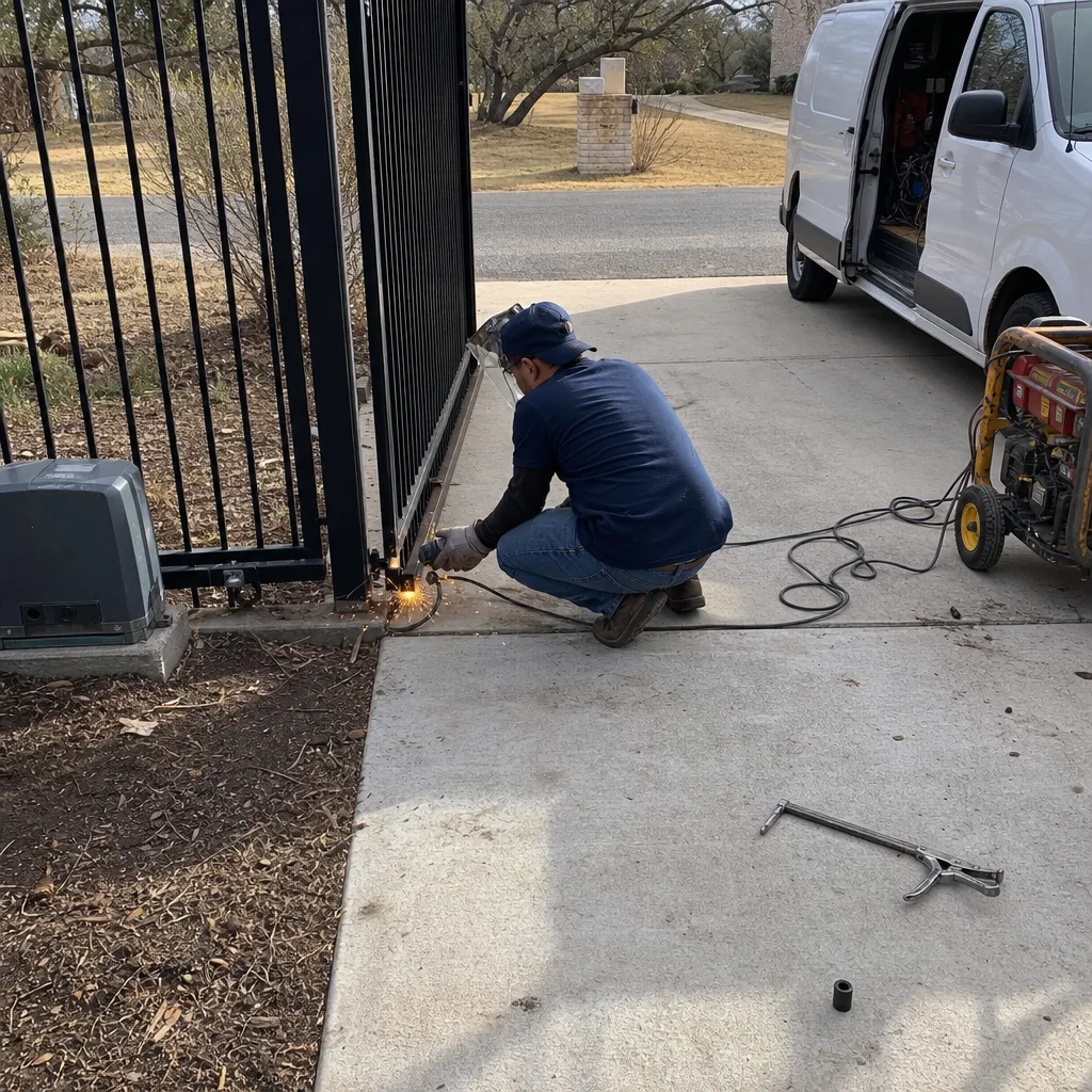 Technician performing metal gate repair with an angle grinder outdoors