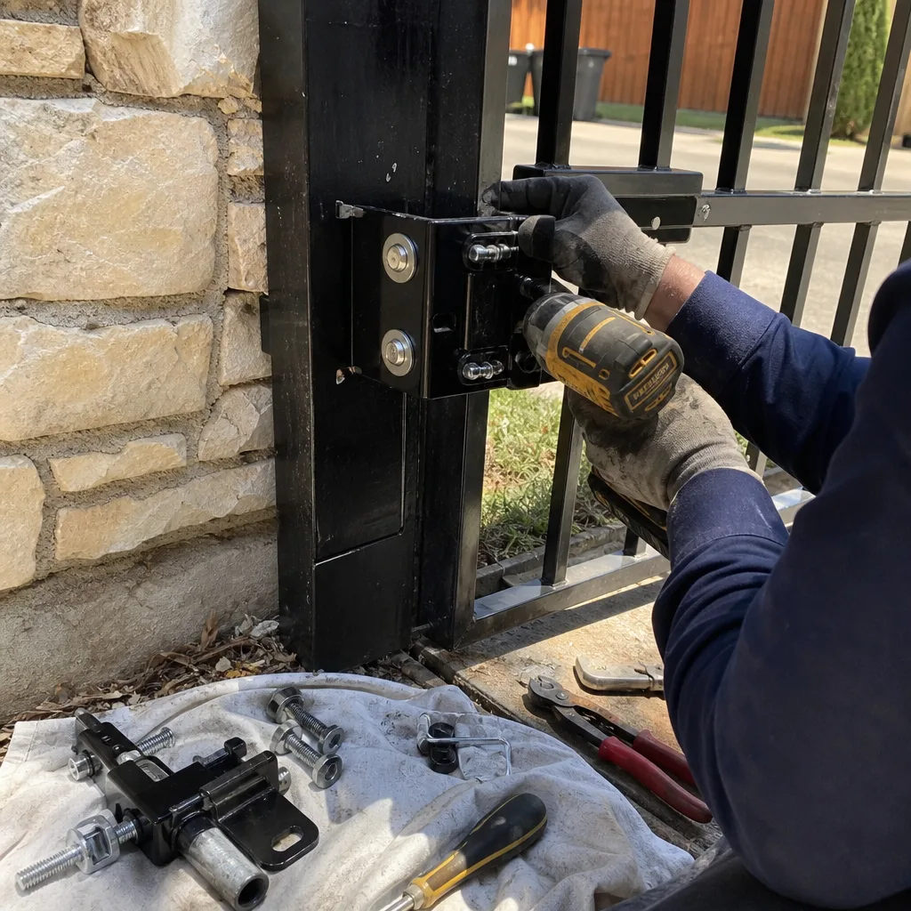 Technician using a power drill to perform metal gate repair