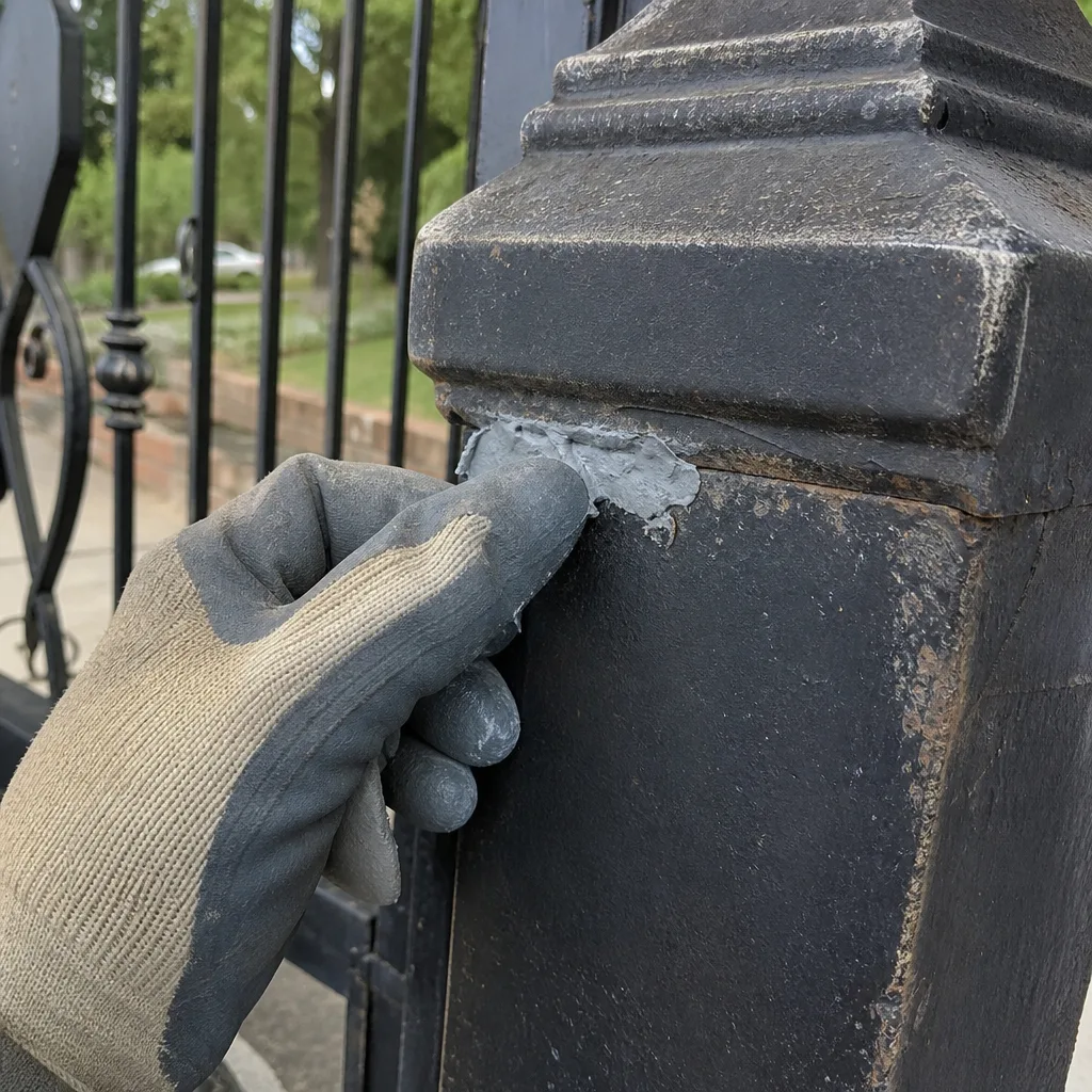 Worker applying epoxy filler to repair a black metal gate post